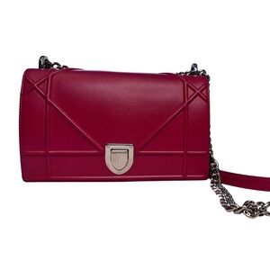 Like New Christian Dior Red Leather Diorama Medium Flap Bag w/ Silver Hardware